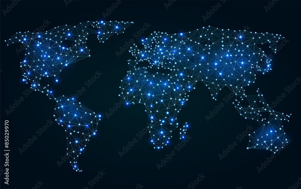 Abstract polygonal world map with hot points, network connections  