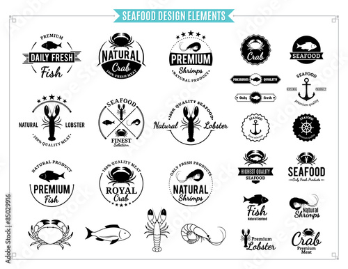 Seafood Logos, Labels, Sea Animals and Design Elements