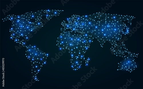Fototapeta Naklejka Na Ścianę i Meble -  Abstract polygonal world map with hot points, network connections  