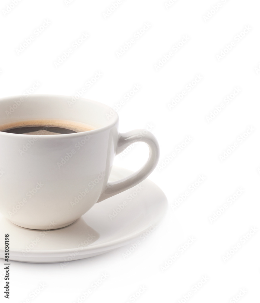 Fresh cup of coffee on a plate, isolated