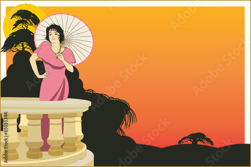 Vector woman on the veranda of the hotel on an exotic background