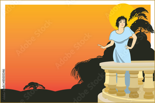 Vector woman on the veranda of the hotel on an exotic background