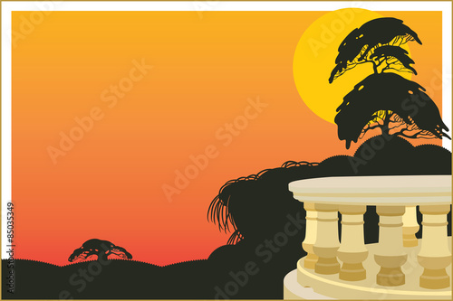 Vector veranda of the hotel on an exotic background sunset.