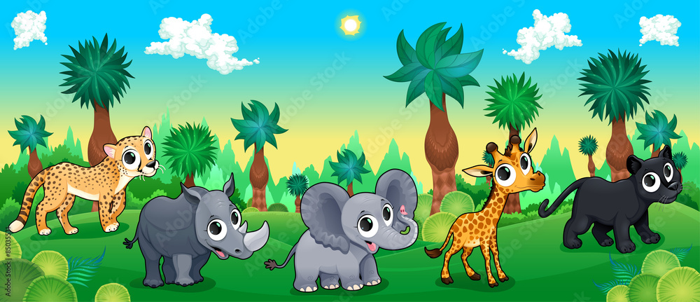 Fototapeta premium Green forest with wild animals