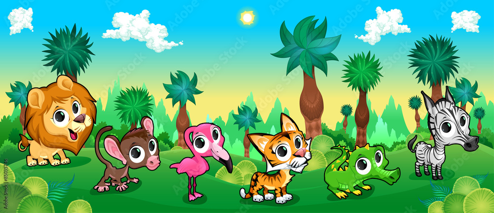 Fototapeta premium Green forest with wild animals