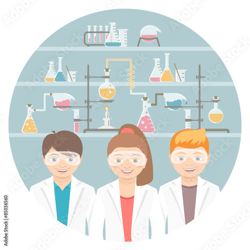 Modern flat vector illustration of smiling kids, group of boys and girls in lab coats and safety glasses opposite the chemical flasks, bulbs, test tubes etc. School chemistry class education concept