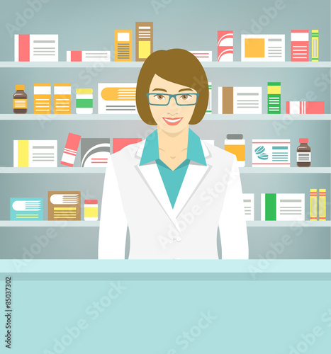 Modern flat vector illustration of a smiling young attractive female pharmacist at the counter in a pharmacy opposite of shelves with medicines. Health care conceptual background
