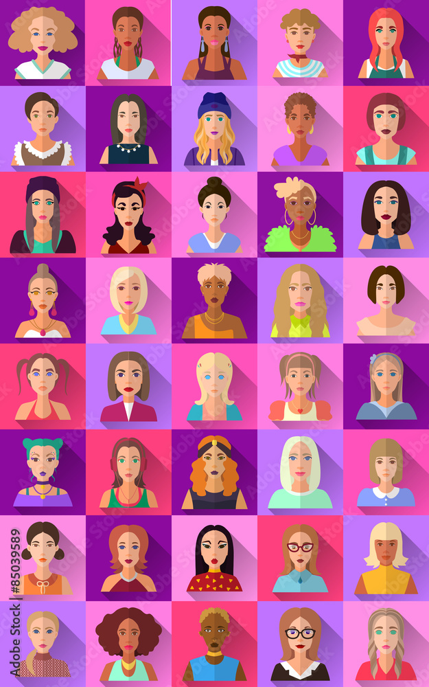 Big set of flat icons of various female characters Big set of flat icons of various female characters