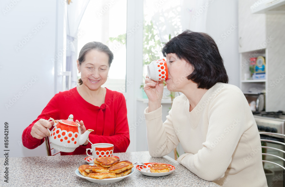 Two middle-aged women drinking tea Two middle-aged women drinking tea