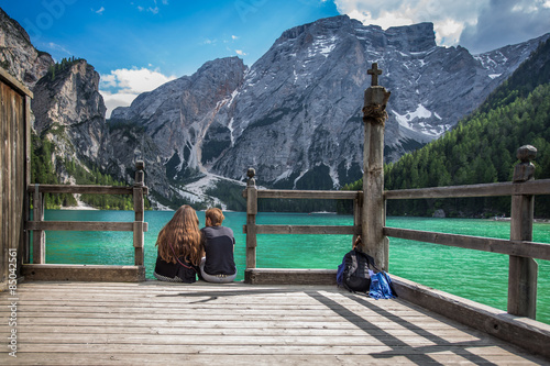 Boathouse at the Lago di Braies in Dolomiti Mountains 