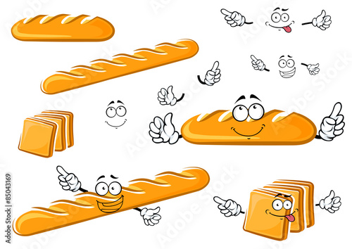 Long loaf, baguette and toast bread characters