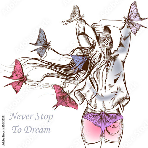 Fashion vector illustration butterflies and a long haired girl
