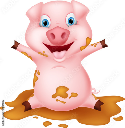 Pig cartoon playing with mud 