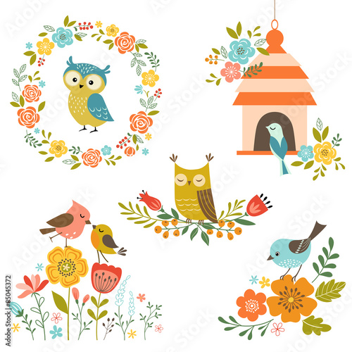 Fototapeta Naklejka Na Ścianę i Meble -  Set of design elements with flowers and birds
