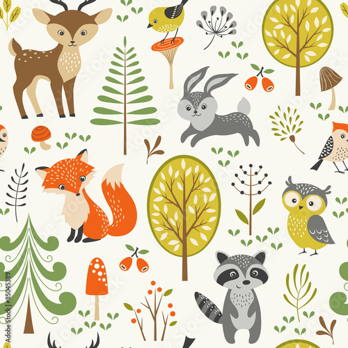Seamless summer forest pattern with cute woodland animals, trees, mushrooms and berries   