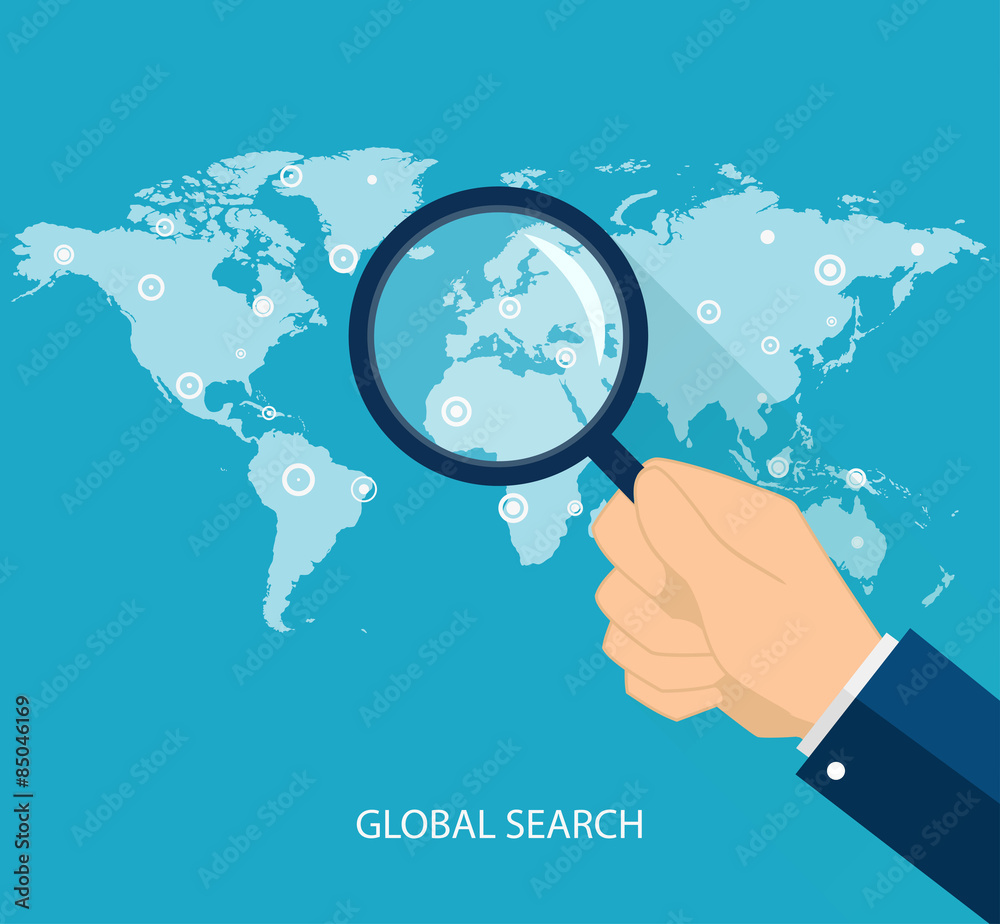 Global search concept in flat style. Vector illustration Global search concept in flat style. Vector illustration