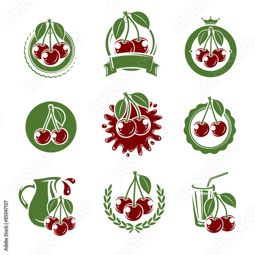 cherry label and icons set. Vector