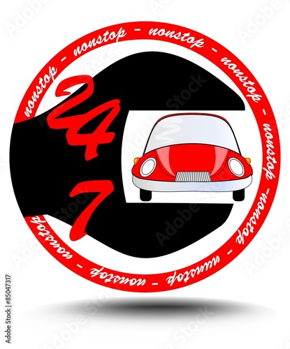 Nonstop car service station with red car inside spanner, circle emblem suitable as logotyp