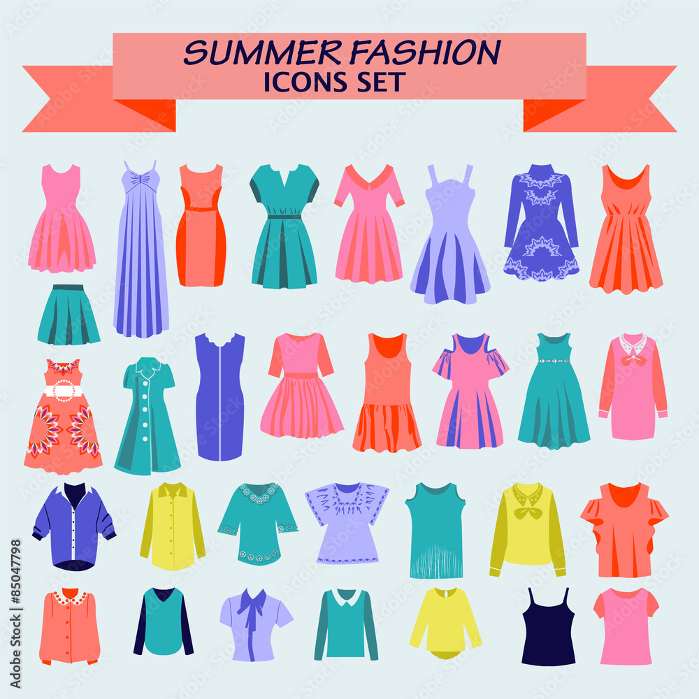 fashion women's shirts and dresses icons set. fashion women's shirts and dresses icons set.