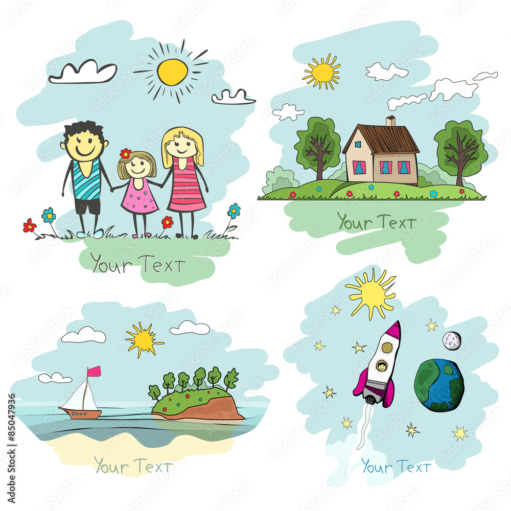 Obraz premium set of children's drawings. happy family, cozy house, ocean land