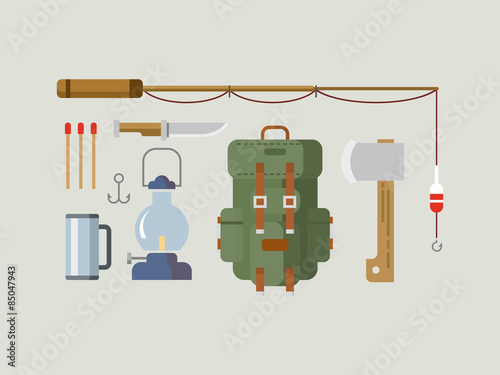 Fishing Hunting Items Flat Design