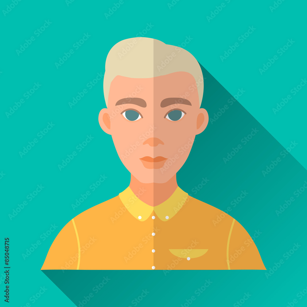 Young blonde hipster man in yellow shirt, square flat icon Young blonde hipster man in yellow shirt, square flat icon