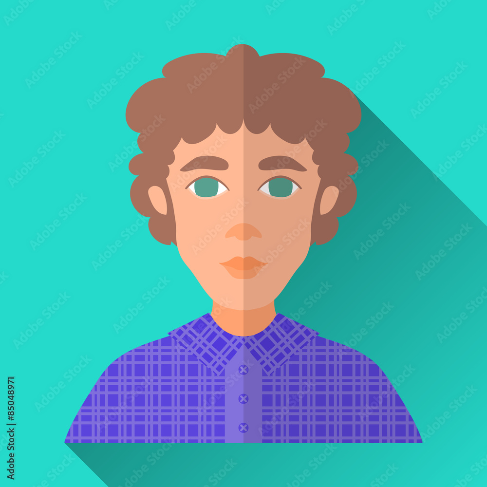 Curly-haired young man in check shirt, square flat icon Curly-haired young man in check shirt, square flat icon