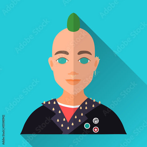 Punk with green mohawk and piercing, square flat icon