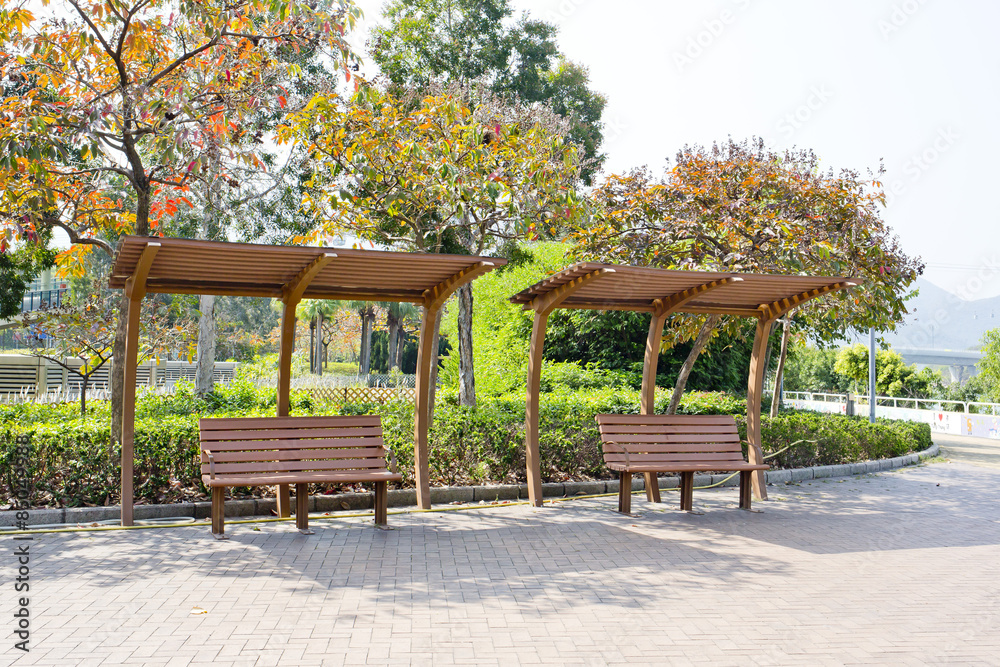 Obraz premium Rustic pergolas with benches under blossoming trees