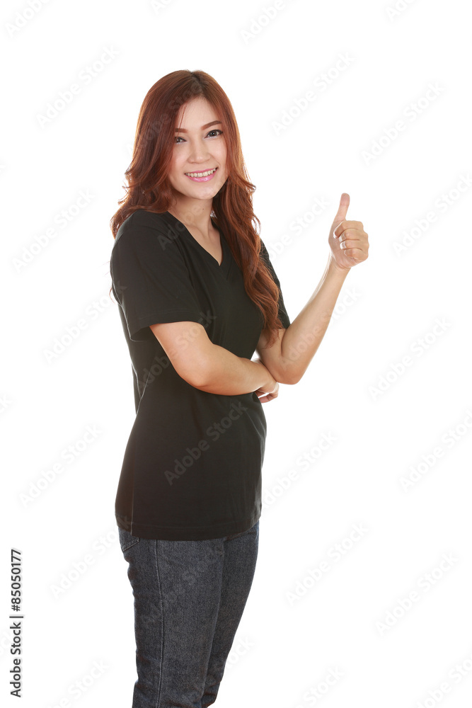 woman in blank t-shirt with thumbs up woman in blank t-shirt with thumbs up