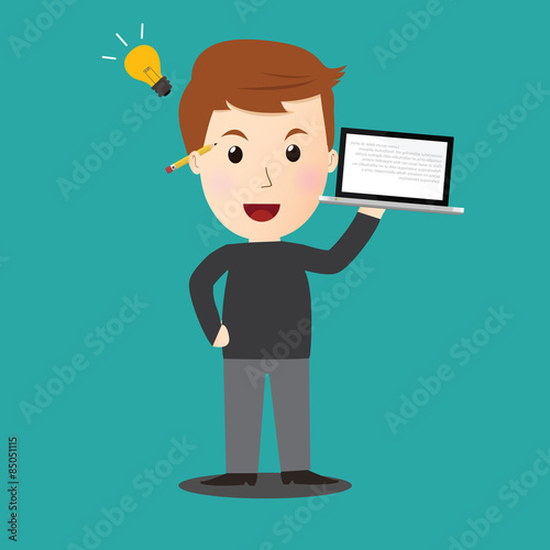 Vector of man get idea on his work.laptop