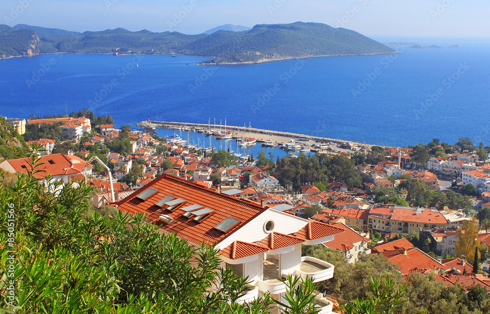 Harbour of city Kas (Kash) in Turkey and Greek island Kasteloriz
