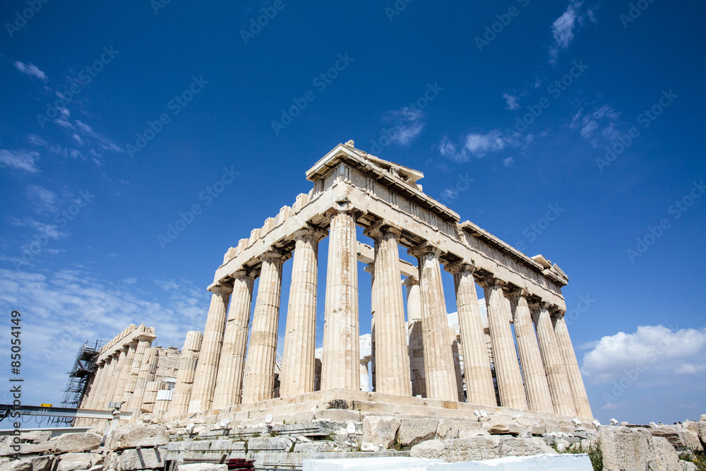 Facade of the Parthenon temple at the Acropolis in Athens, an Unesco World Heritage Site in Greece, Europe