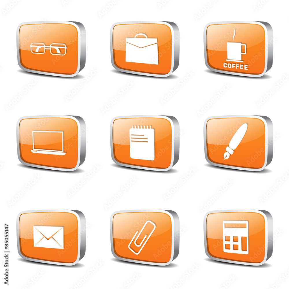 Office Work Square Vector Orange Icon Design Set