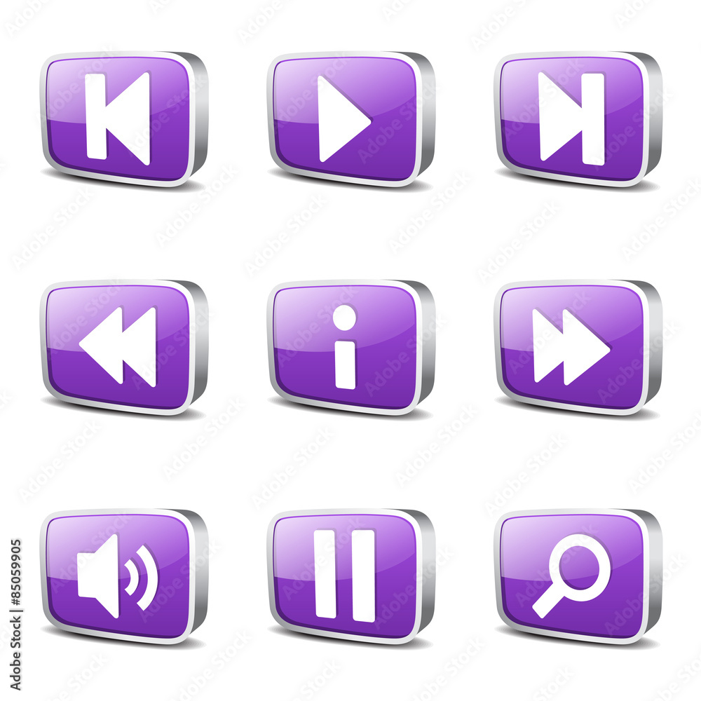 Multimedia Controller Square Vector Violet Icon Design Set