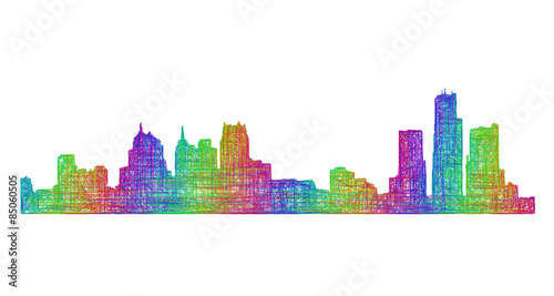 Detroit city skyline silhouette - multicolor line art