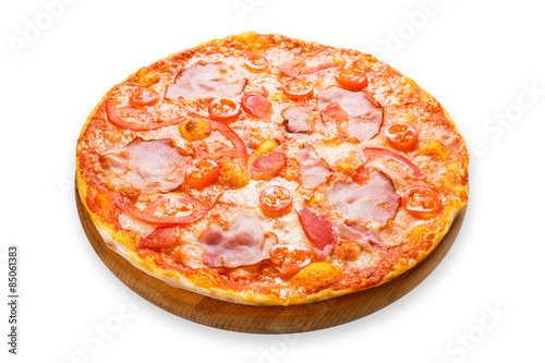 Delicious pizza with bacon and cherry tomato