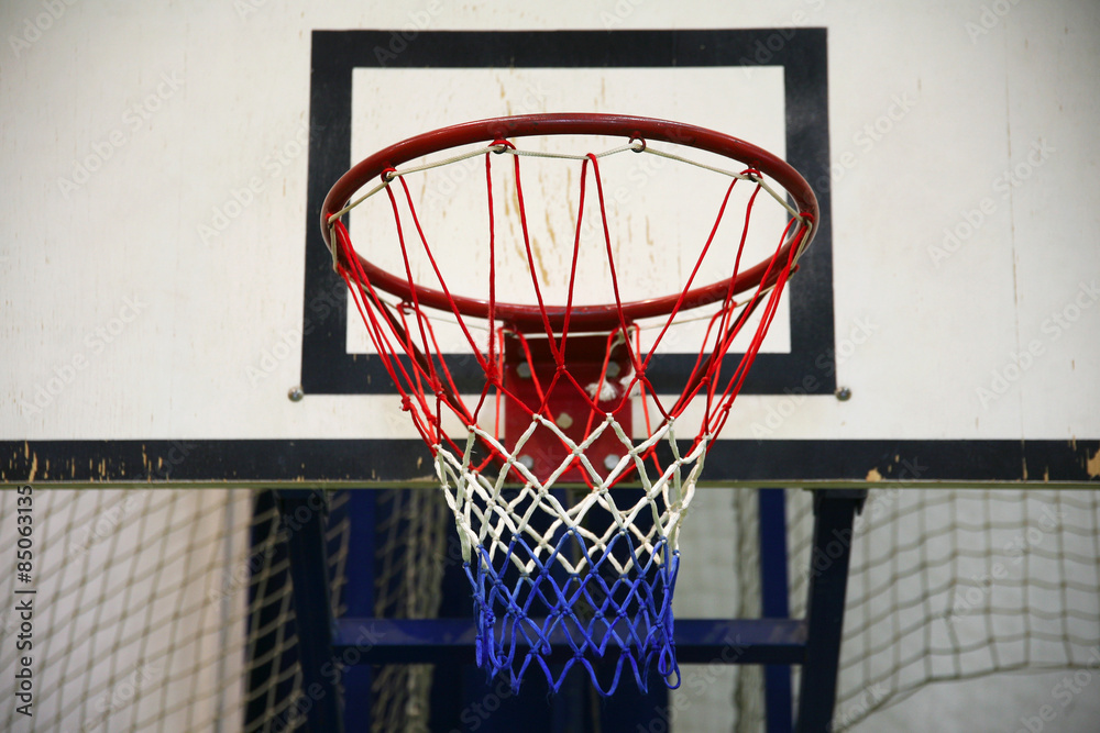 Basketball hoop in a high school gym