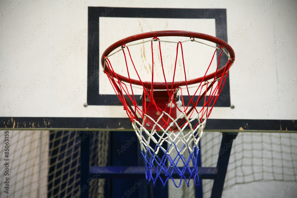 Basketball hoop in a high school gym