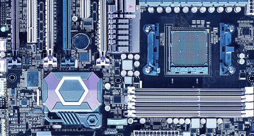 Close up pictue of motherboard., high tech background. photo