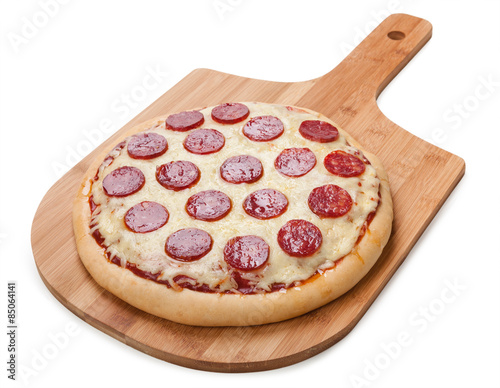Fresh flavorful pepperoni pizza isolated on white background