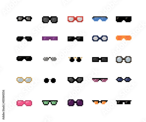 Set of glasses and sunglasses. 16x16 pixel art vector, isolated on white background.