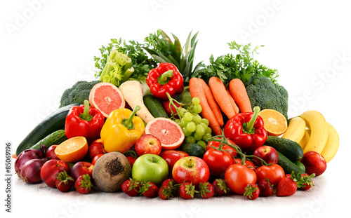 Variety of organic vegetables and fruits isolated on white