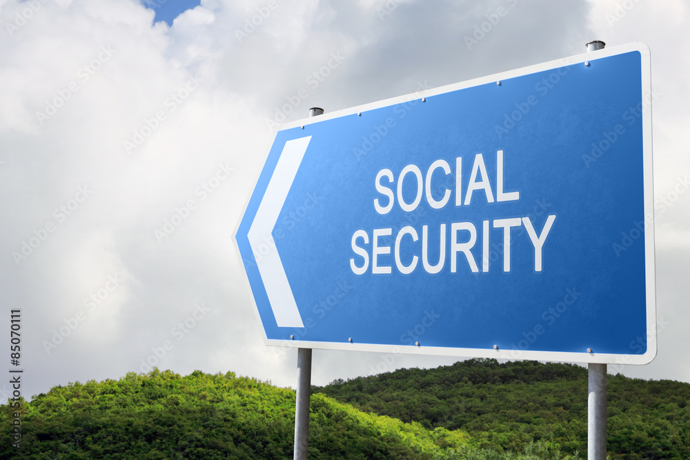 Social Security. Blue traffic sign.