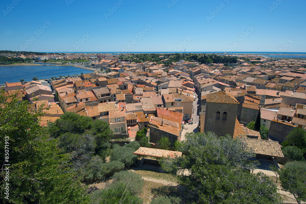View over the rooftops of the small medieval town Gruissan, near Narbonne, in the Aude region of France
