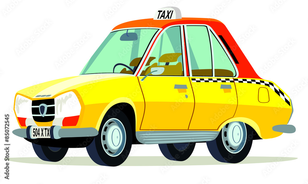 Caricatura Peugeot 504 taxi Amsterdam vista frontal y lateral Stock
