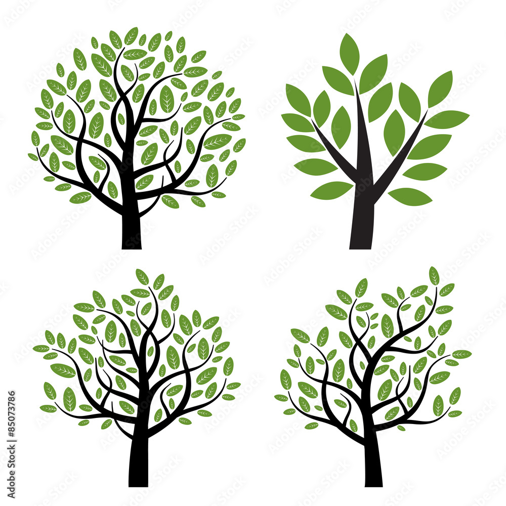 Obraz premium Set of black vector tree with green leafs.