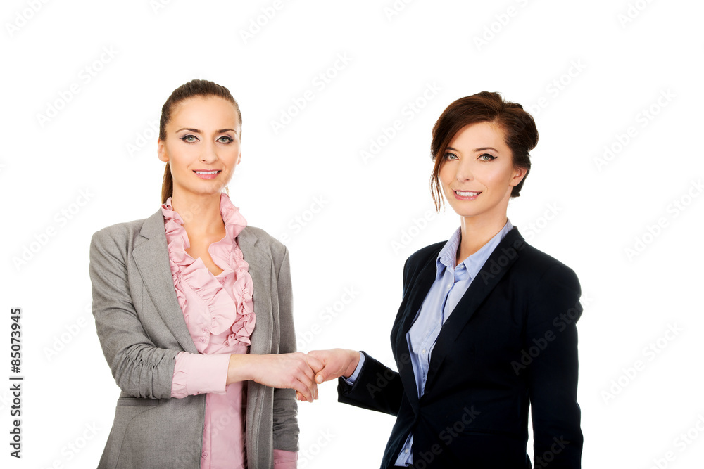 Two women in office outfits giving handshake. Two women in office outfits giving handshake.