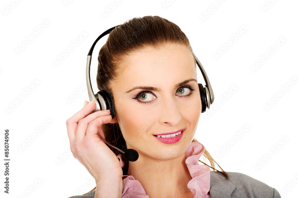 Happy smiling support phone operator. Happy smiling support phone operator.