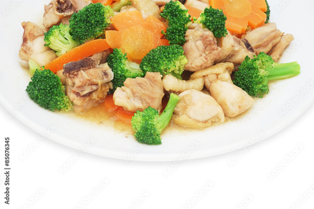 stir fried chicken with broccoli and carrot on plate isolated white background stir fried chicken with broccoli and carrot on plate isolated white background
